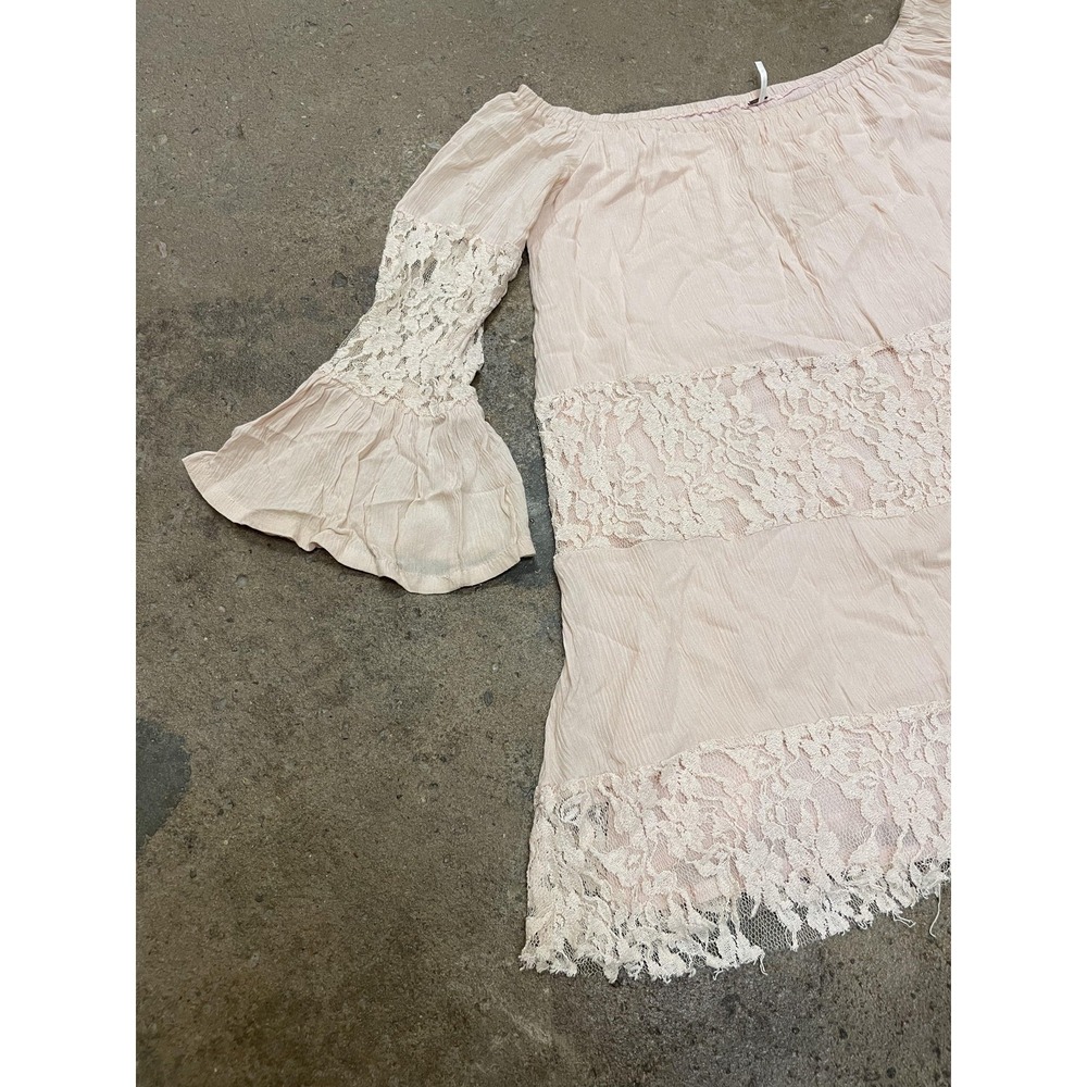Free People Lace Dress Womens XS‎ Pink Off Shoulder Boho Short Mini Bell Sleeve - Picture 2 of 16
